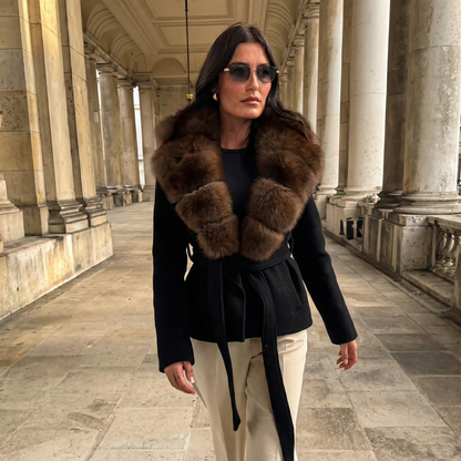 Women's Wool Blend Faux Fur Collar Elegant Wrap Coat