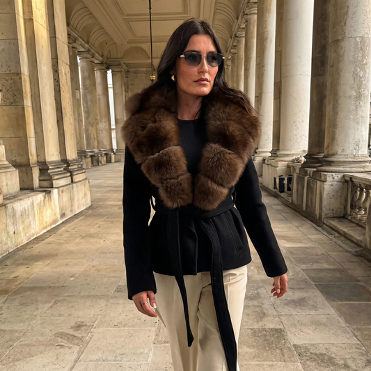 Women's Wool Blend Faux Fur Collar Elegant Wrap Coat