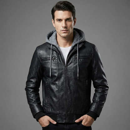 Men's Hooded Leather Zip-Up Jacket Hip-Length