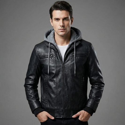 Men's Hooded Leather Zip-Up Jacket Hip-Length