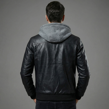 Men's Hooded Leather Zip-Up Jacket Hip-Length