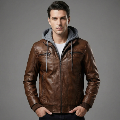 Men's Hooded Leather Zip-Up Jacket Hip-Length