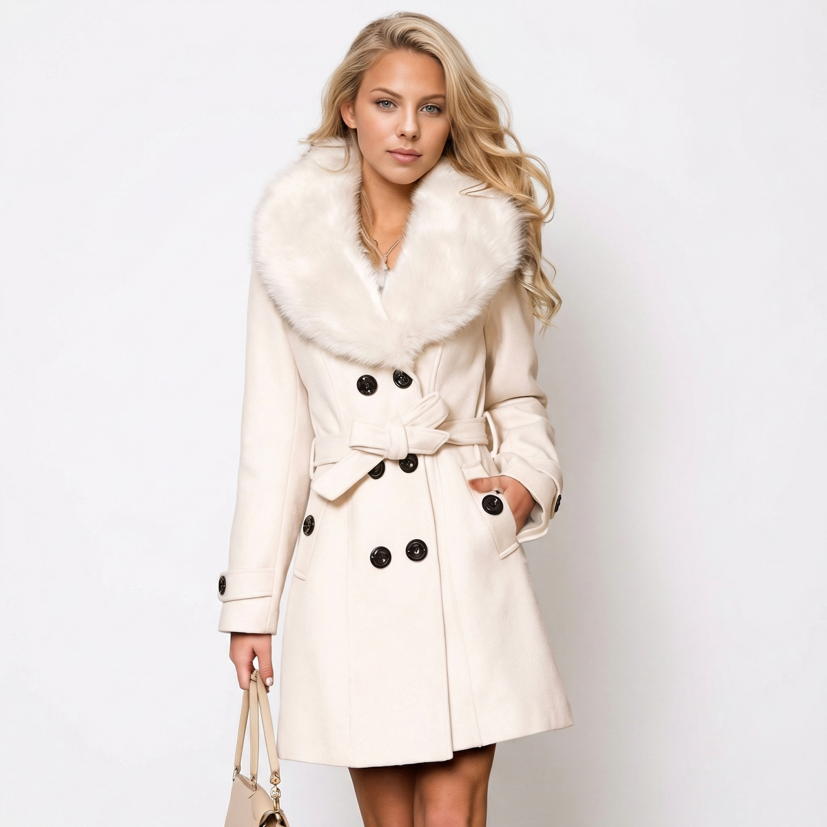 Women's Faux Fur Collar Wool-Blend Slim Fit Belted Trench Coat