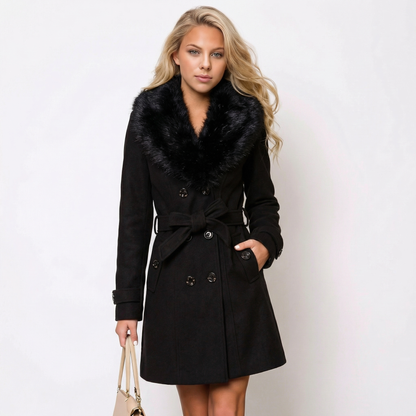 Women's Faux Fur Collar Belted Wool-Blend Coat Mid-Length