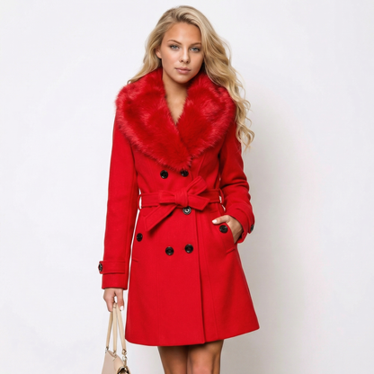 Women's Faux Fur Collar Belted Wool-Blend Coat Mid-Length