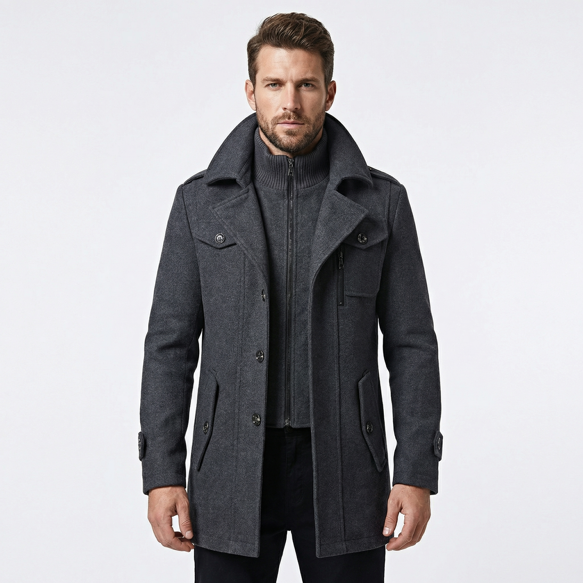 Men's Double Collar Wool Overcoat Smart Casual Winter Jacket