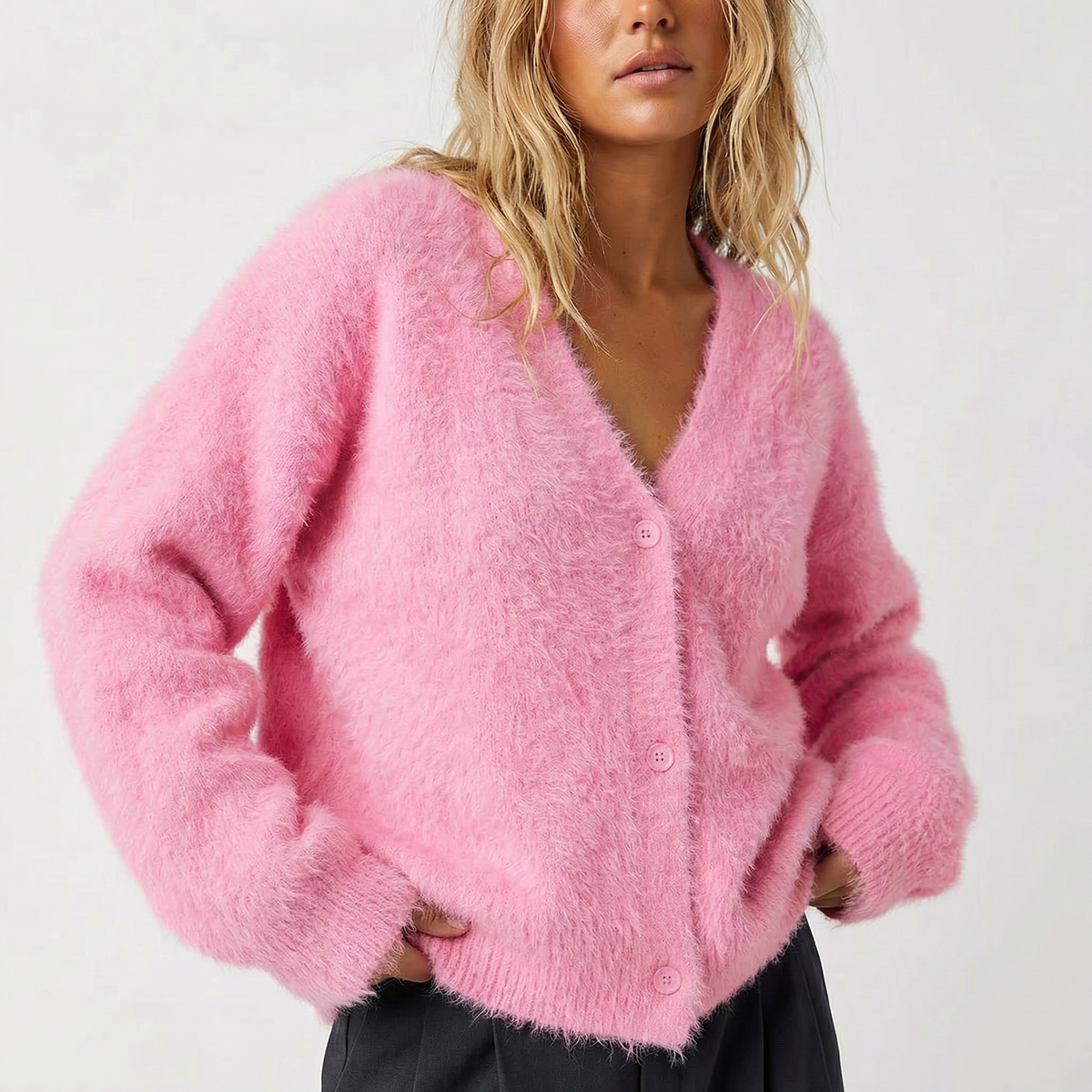 Women's Fuzzy Mohair-Blend V-Neck Cardigan Hip-Length
