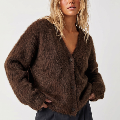 Women's Fuzzy Mohair-Blend V-Neck Cardigan Hip-Length
