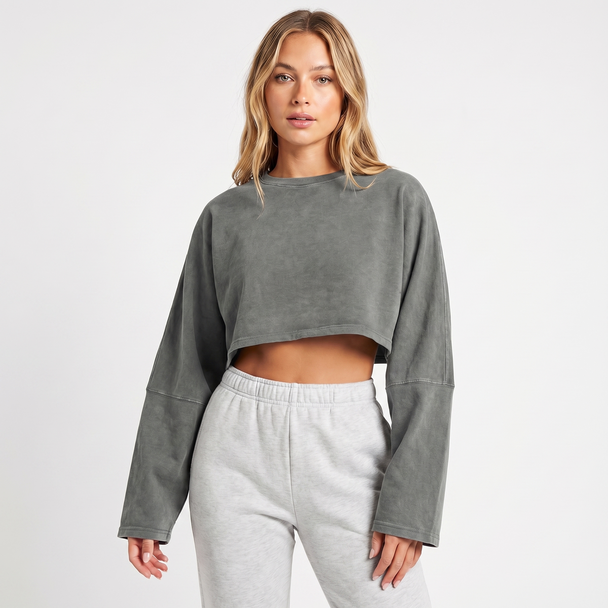 Women's Oversized Cropped Crew Neck Sweatshirt Loungewear Top
