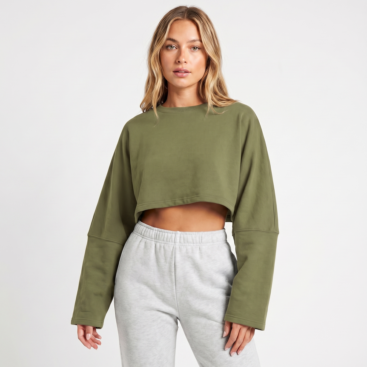 Women's Oversized Cropped Crew Neck Sweatshirt Loungewear Top