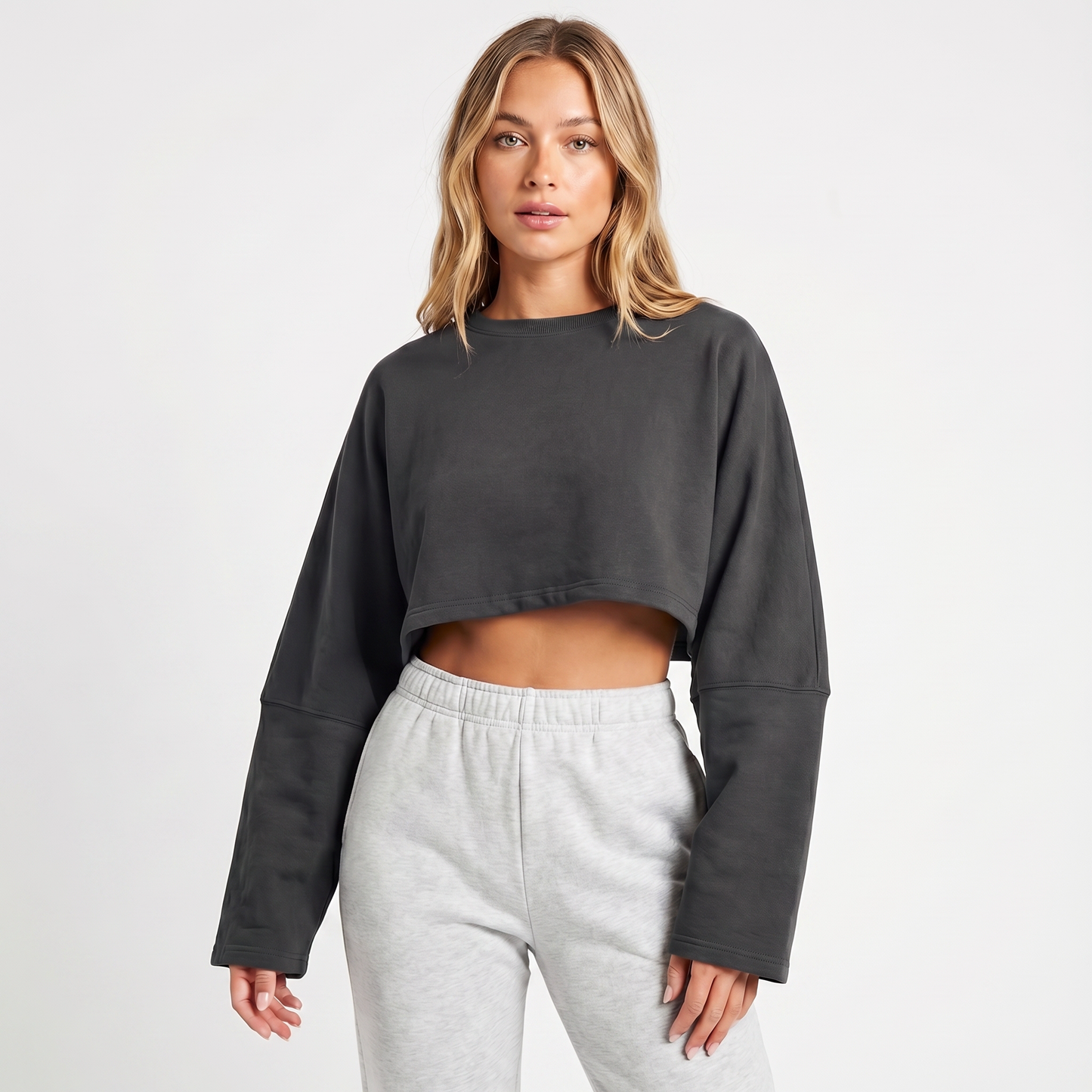 Women's Oversized Cropped Crew Neck Sweatshirt Loungewear Top
