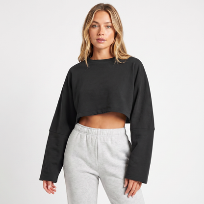 Women's Oversized Cropped Crew Neck Sweatshirt Loungewear Top
