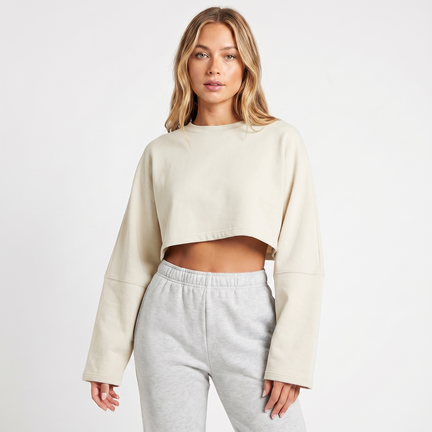 Women's Oversized Cropped Crew Neck Sweatshirt Loungewear Top