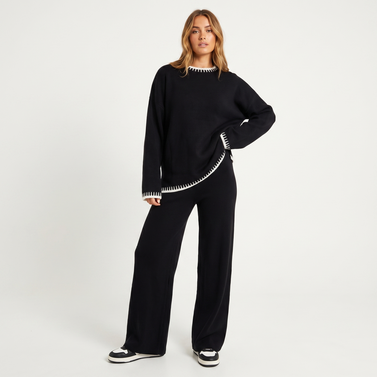 Women's Knit Two-Piece Set – Oversized Sweater & Wide Leg Pants Co-ord