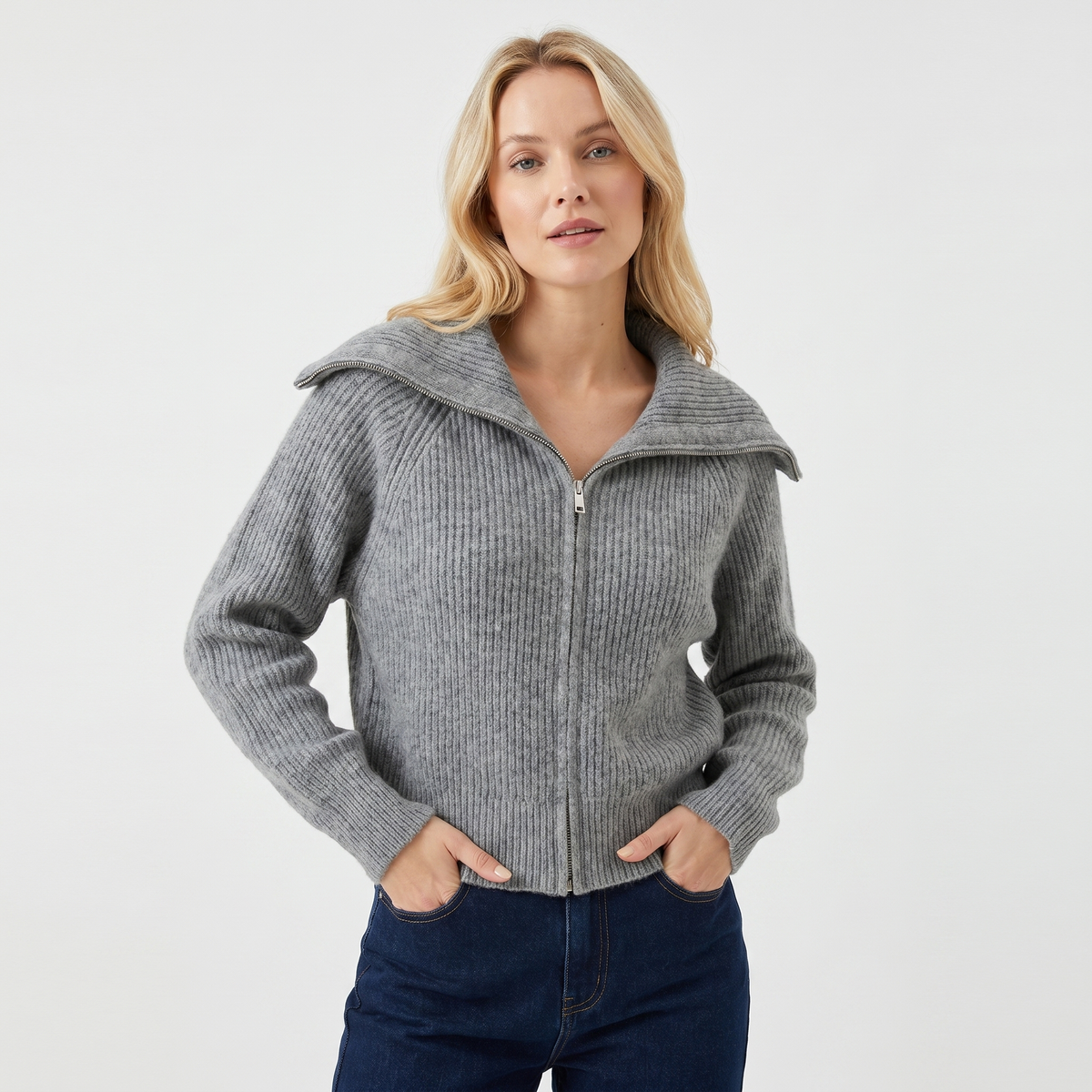 Women's Ribbed Zip-Up Cardigan Hip-Length Spread Collar