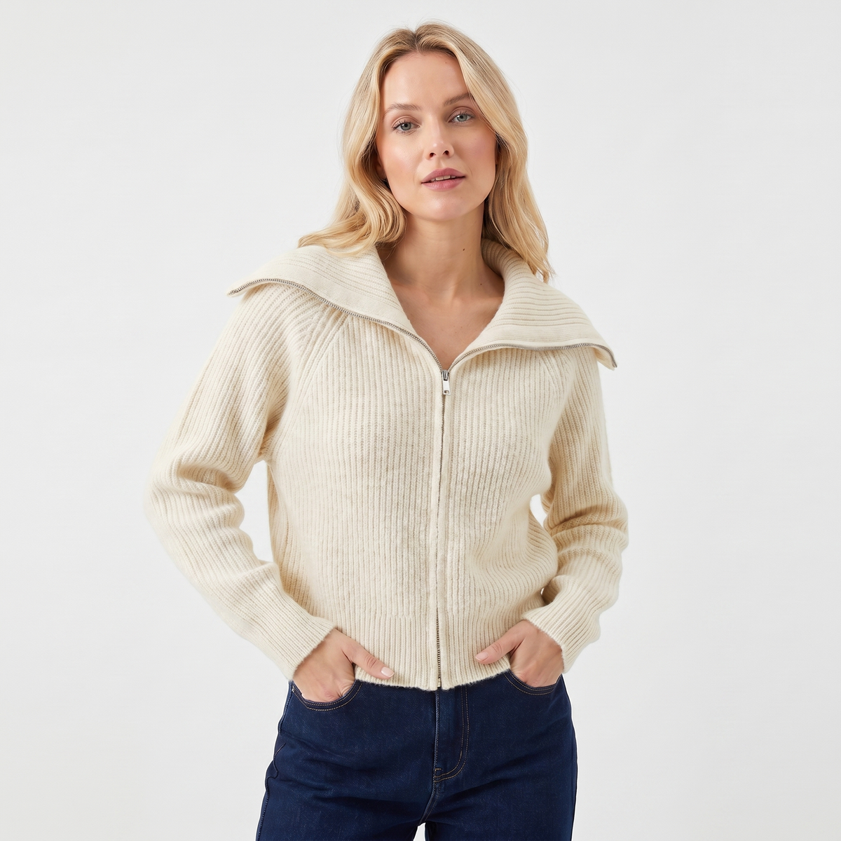 Women's Ribbed Zip-Up Cardigan Hip-Length Spread Collar