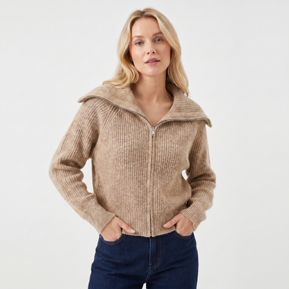Women's Ribbed Zip-Up Cardigan Hip-Length Spread Collar