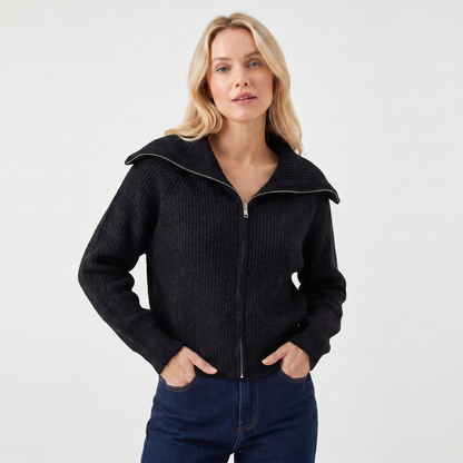 Women's Ribbed Zip-Up Cardigan Hip-Length Spread Collar