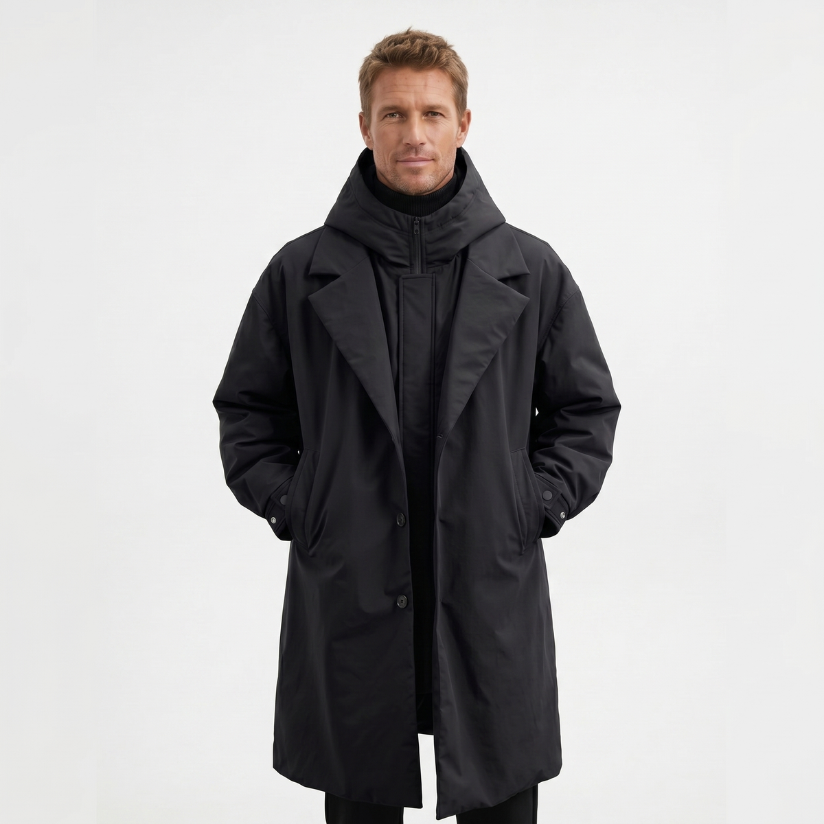 Men's Hooded Two-Piece Trench Coat Mid-Length