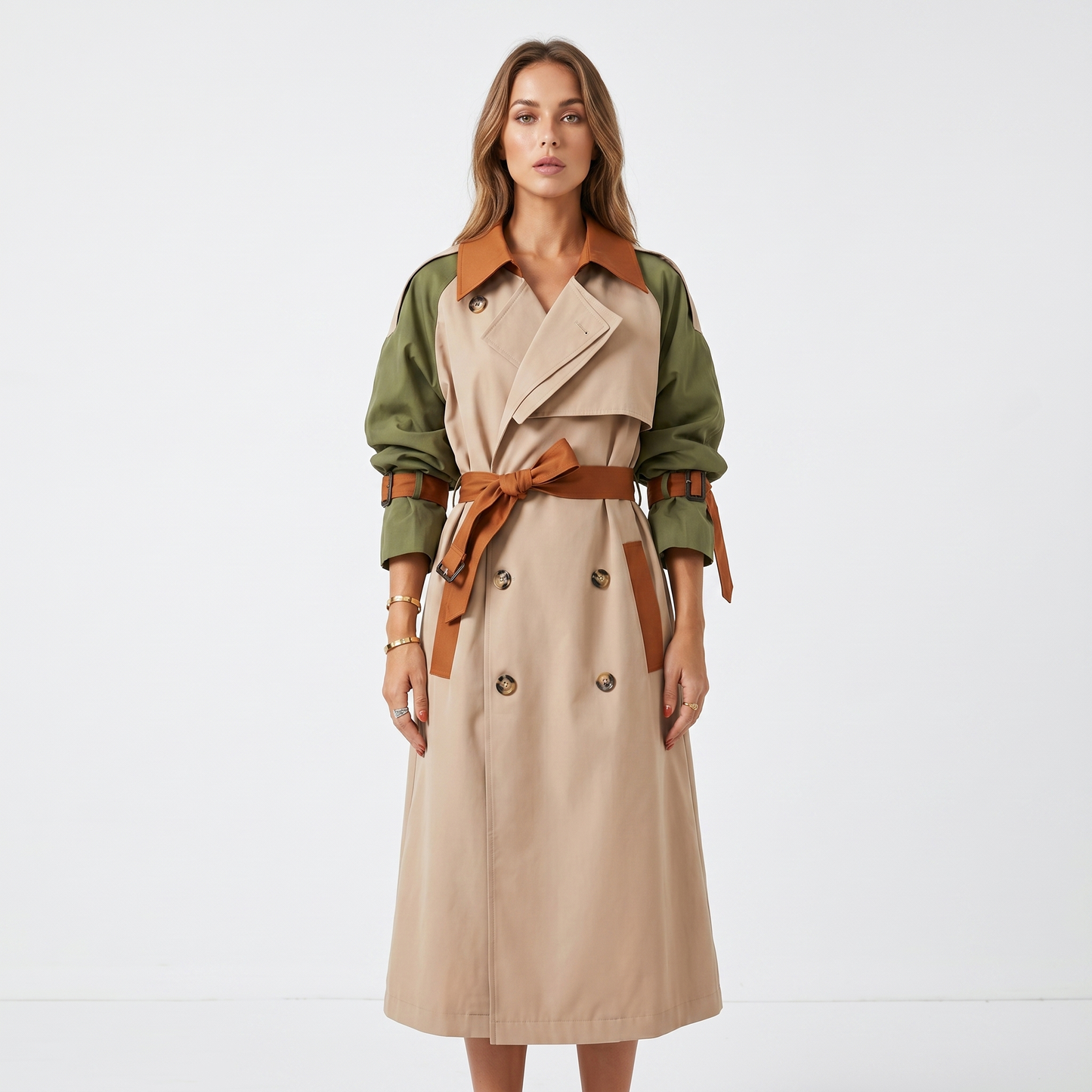 Women's Double Breasted Colour Block Belted Mid-Length Trench Coat
