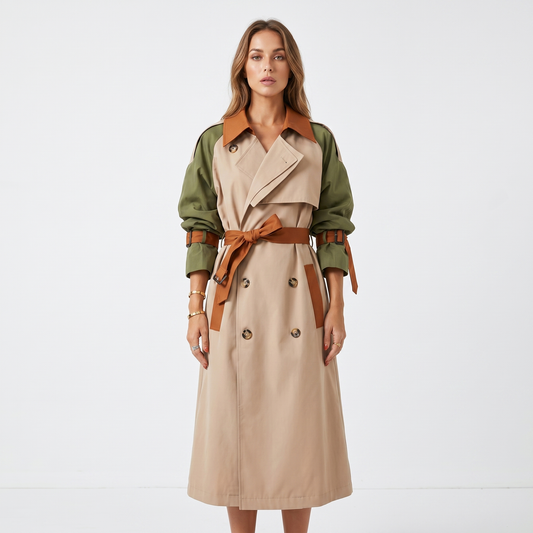Women's Double Breasted Colour Block Belted Mid-Length Trench Coat