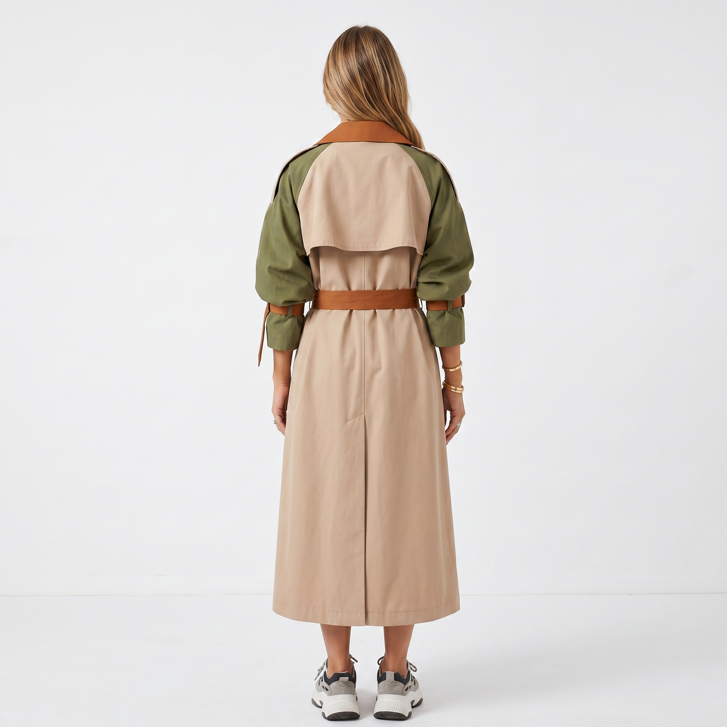 Women's Double Breasted Colour Block Belted Mid-Length Trench Coat