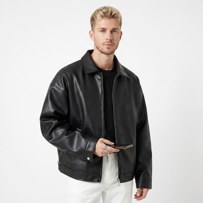 Men's Oversized Faux Leather Biker Jacket Hip-Length