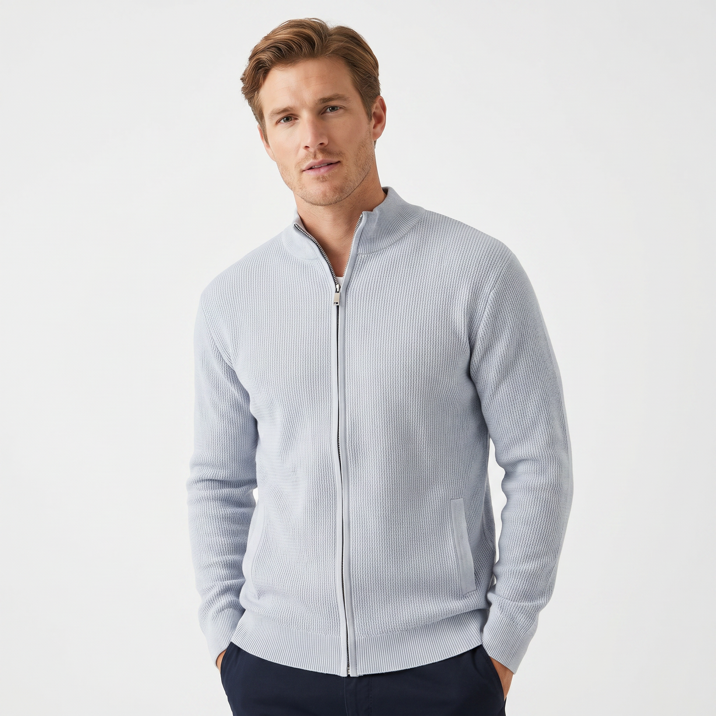 Men's Textured Knit Full Zip Jacket - Casual Winter Cardigan