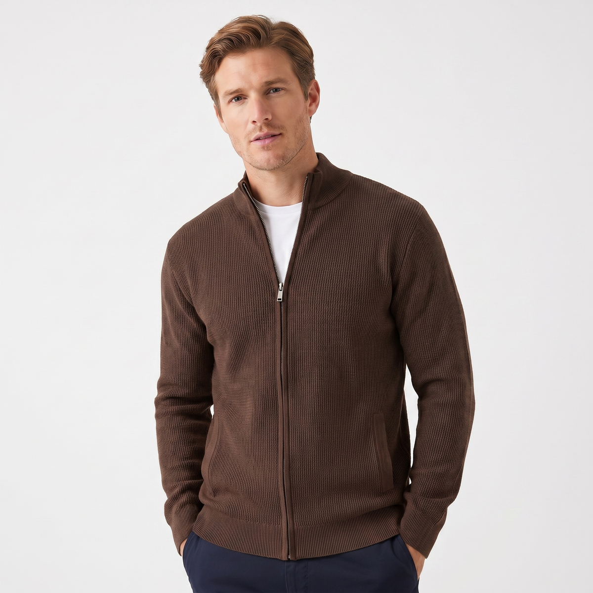 Men's Textured Knit Full Zip Jacket - Casual Winter Cardigan