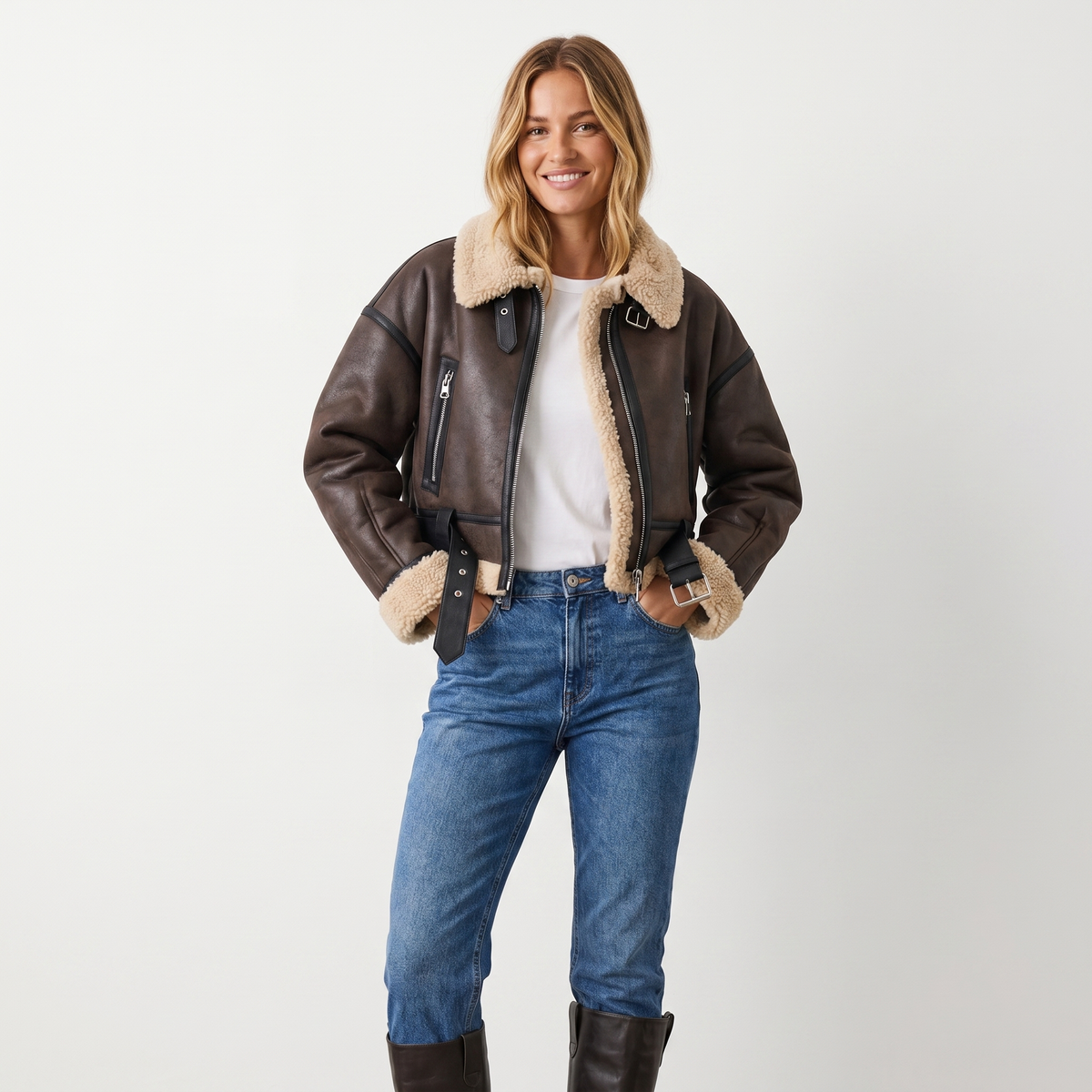 Women's Luxury Double-Sided Shearling Warm Bomber Jacket