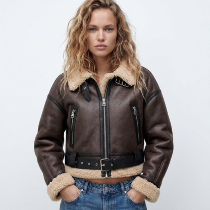 Women's Luxury Double-Sided Shearling Warm Bomber Jacket