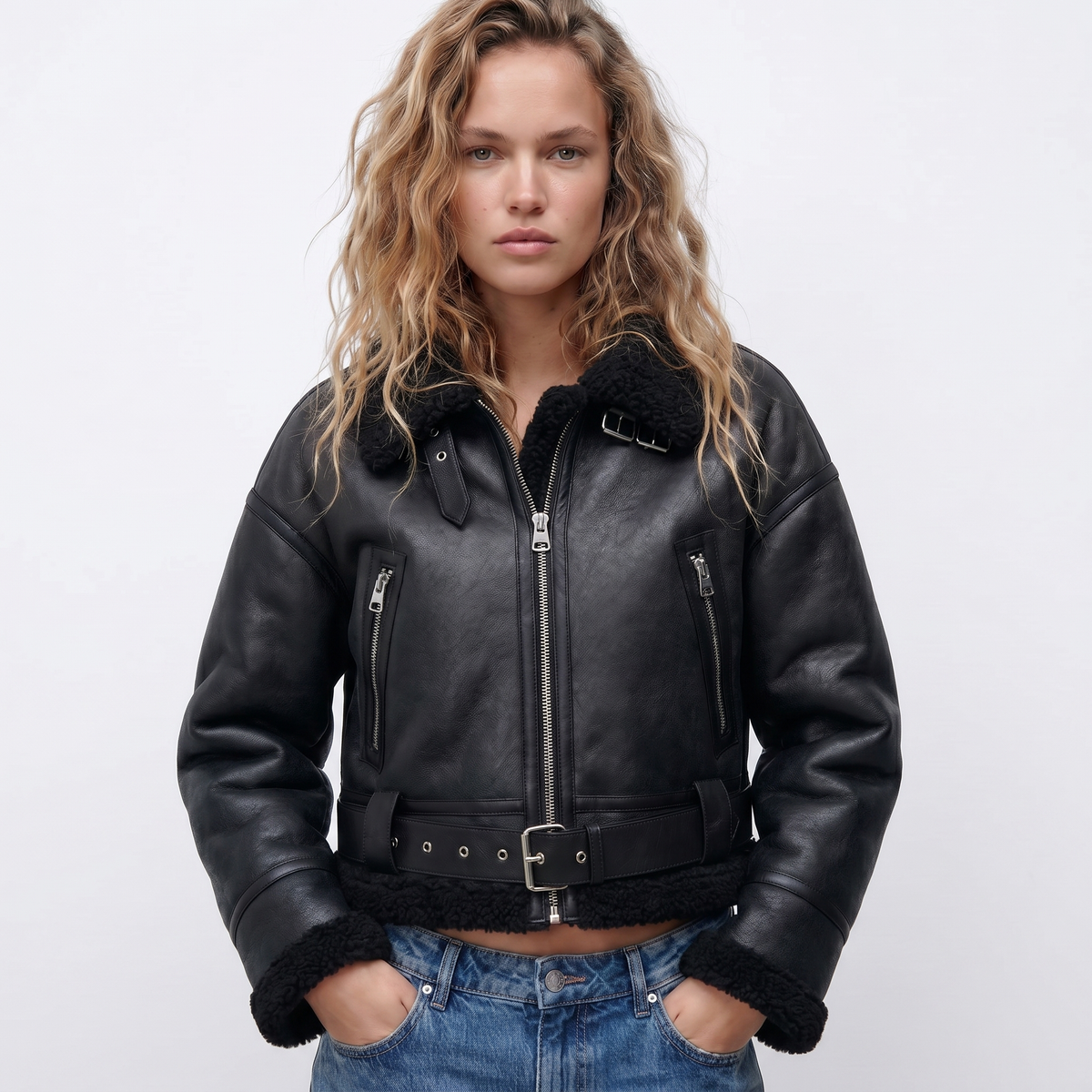 Women's Luxury Double-Sided Shearling Warm Bomber Jacket