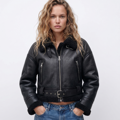 Women's Luxury Double-Sided Shearling Warm Bomber Jacket