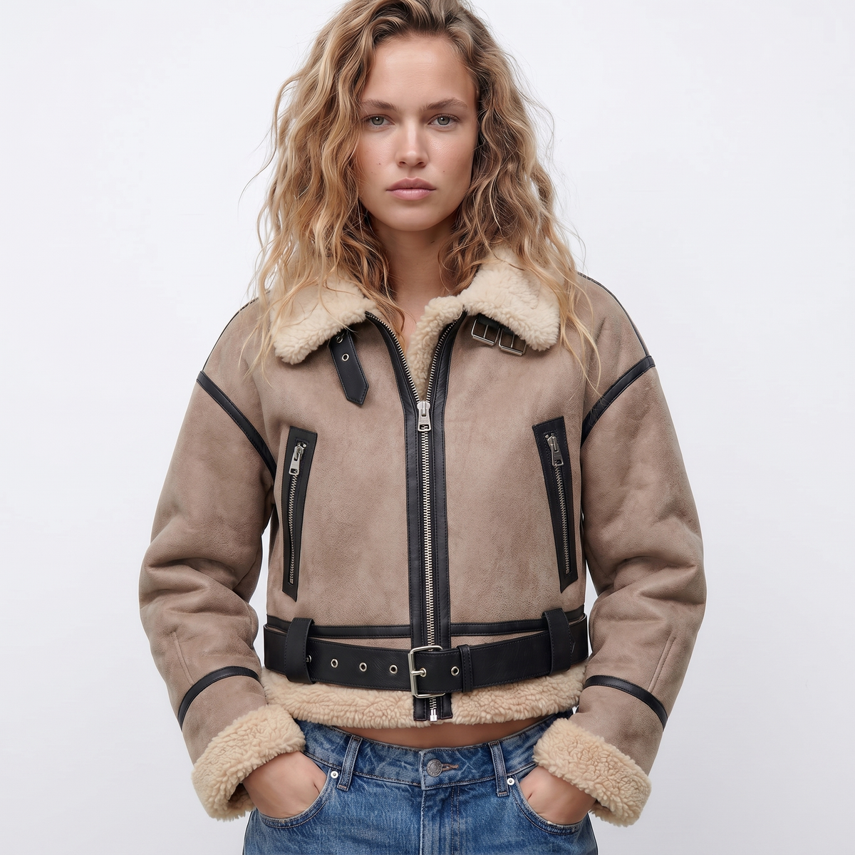 Women's Luxury Double-Sided Shearling Warm Bomber Jacket