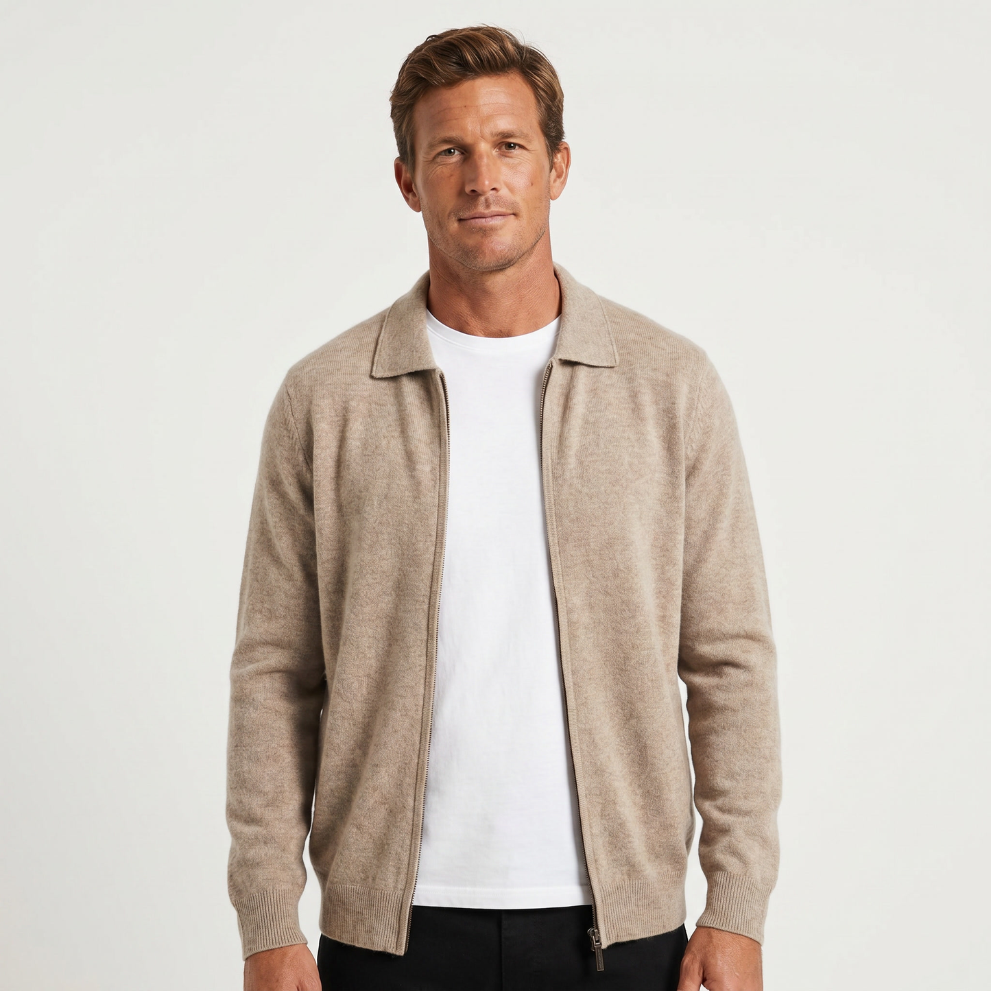 Men's Polo Collar Wool Zip-Up Cardigan