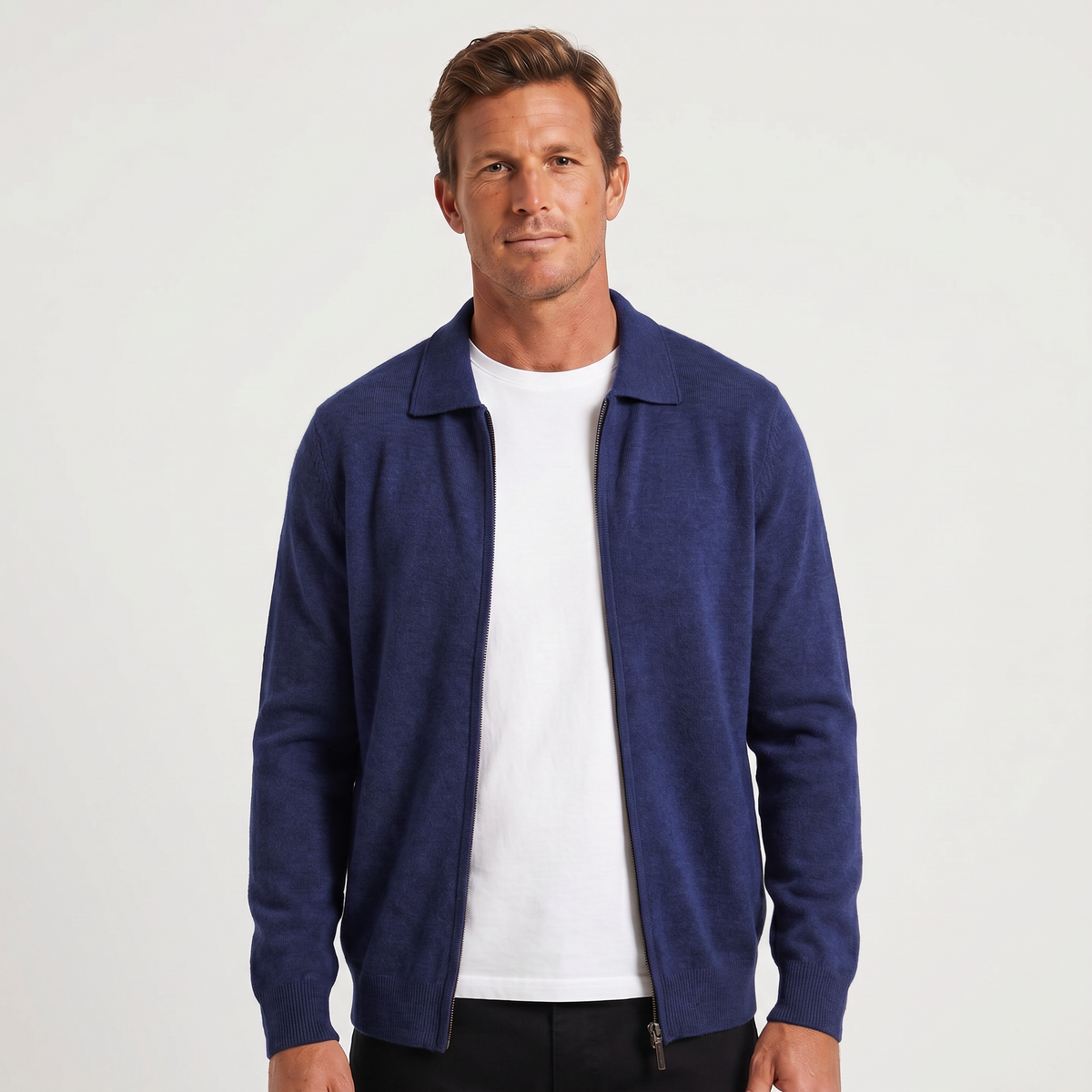 Men's Polo Collar Wool Zip-Up Cardigan