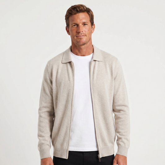 Men's Polo Collar Wool Zip-Up Cardigan
