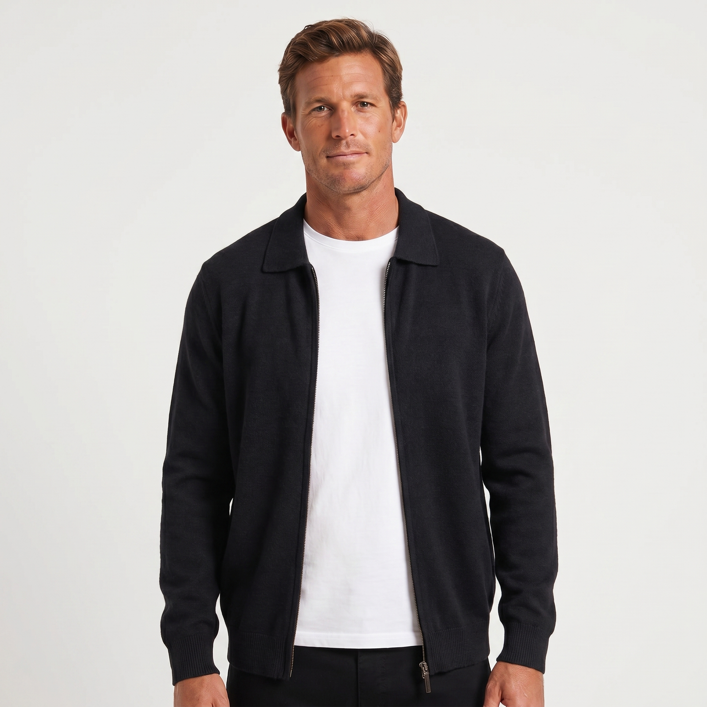 Men's Polo Collar Wool Zip-Up Cardigan