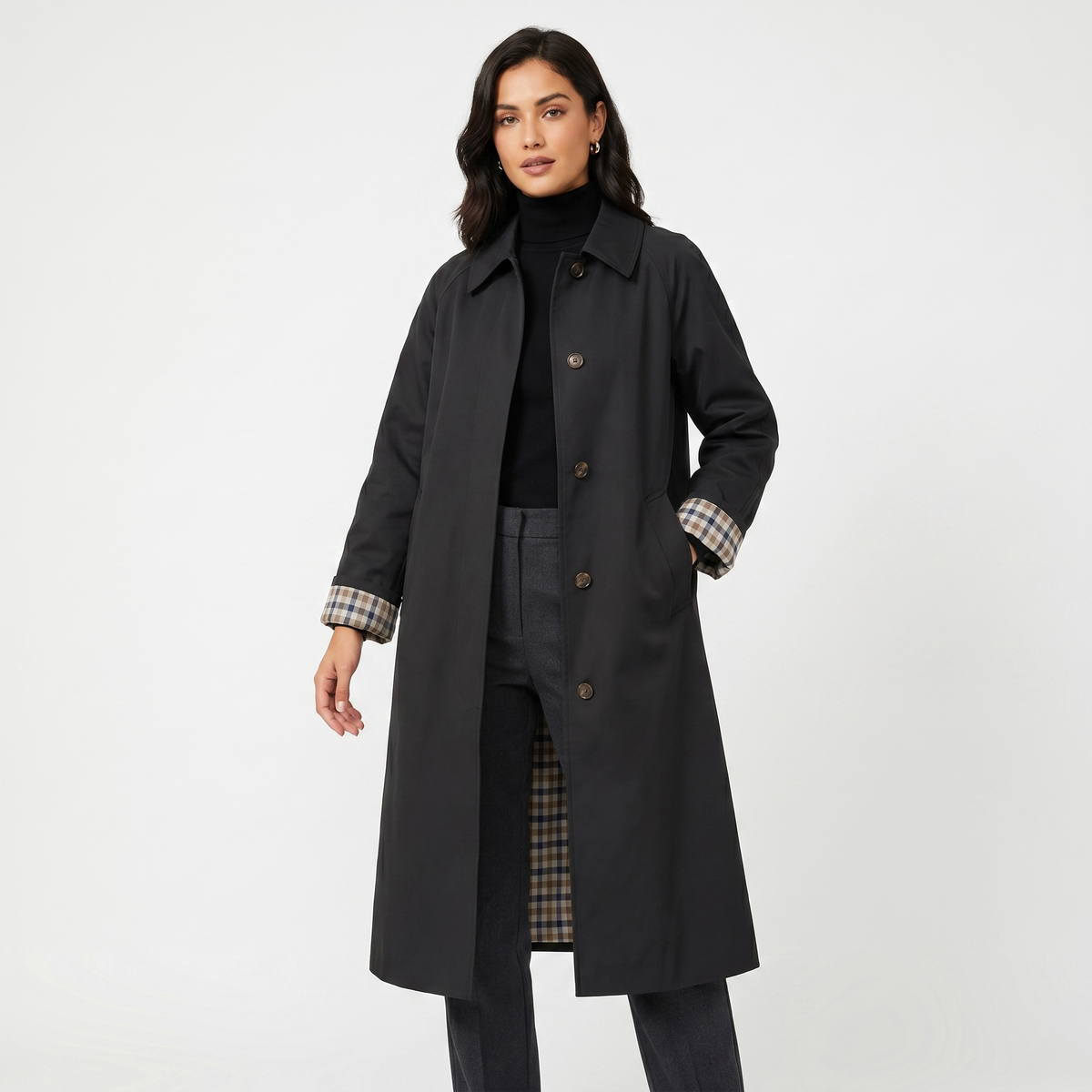 Check-Lined Single-Breasted Trench Coat