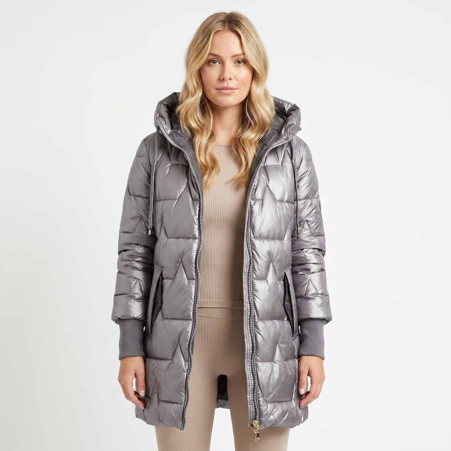 Womens Longline Puffer Jacket – Hooded Quilted Zip Up