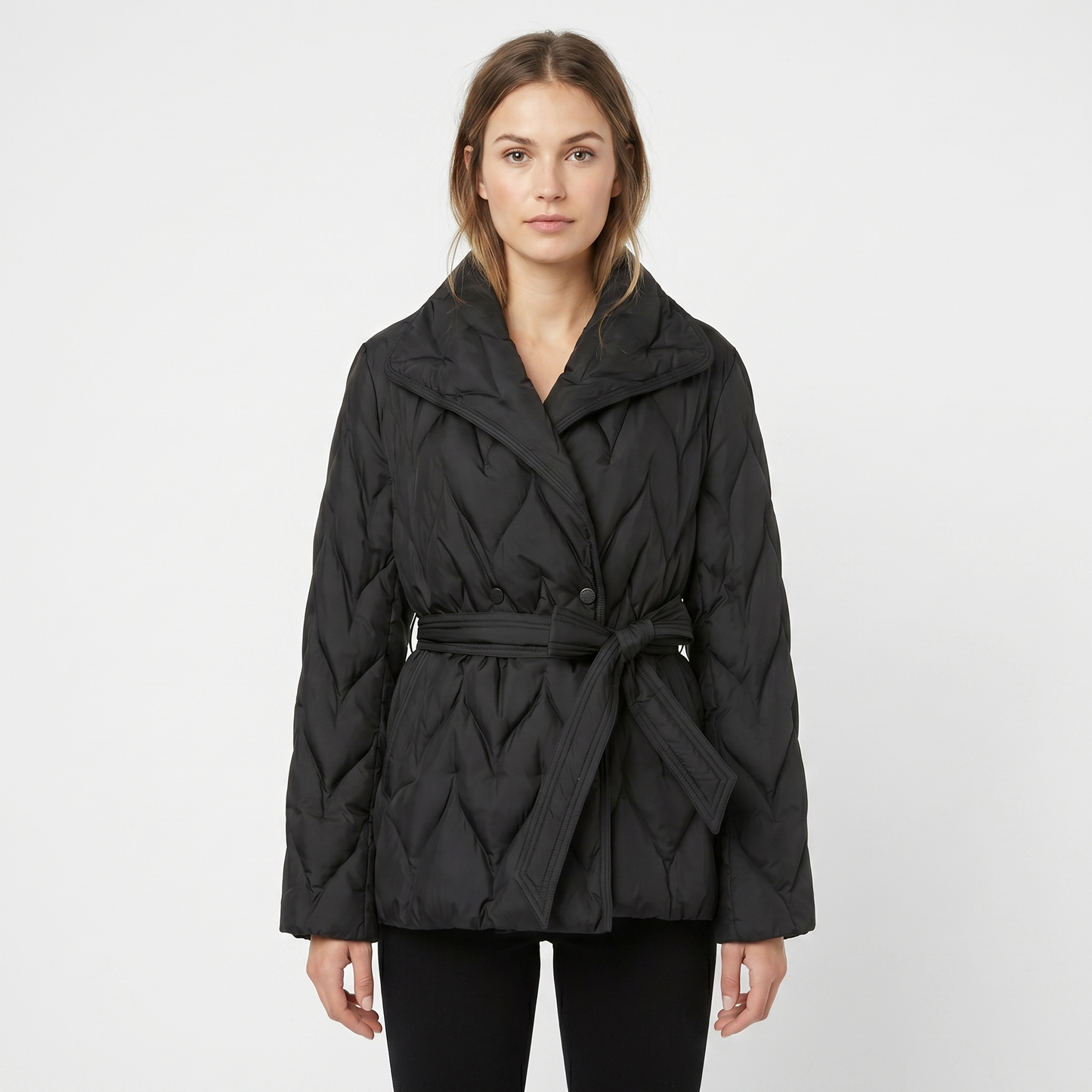 Oversized Quilted Jacket – Belted Shawl Collar