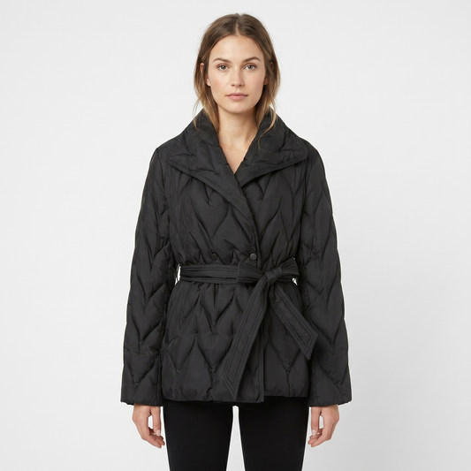 Oversized Quilted Jacket – Belted Shawl Collar