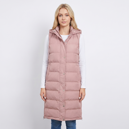 Womens Longline Puffer Vest – Hooded Quilted Snap Front