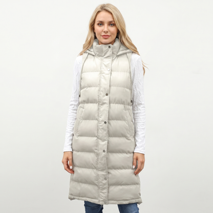 Womens Longline Puffer Vest – Hooded Quilted Snap Front