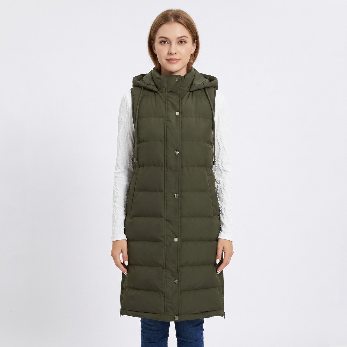 Womens Longline Puffer Vest – Hooded Quilted Snap Front