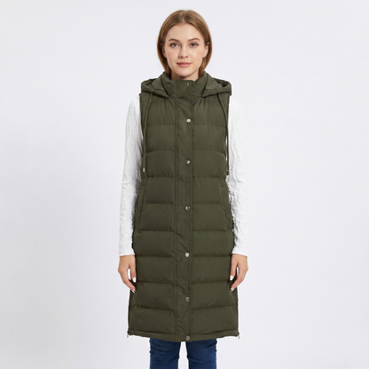 Womens Longline Puffer Vest – Hooded Quilted Snap Front