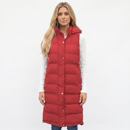 Womens Longline Puffer Vest – Hooded Quilted Snap Front