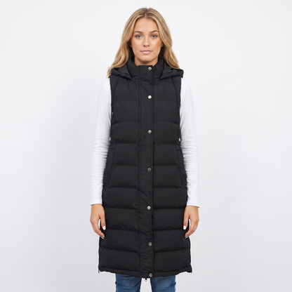 Womens Longline Puffer Vest – Hooded Quilted Snap Front