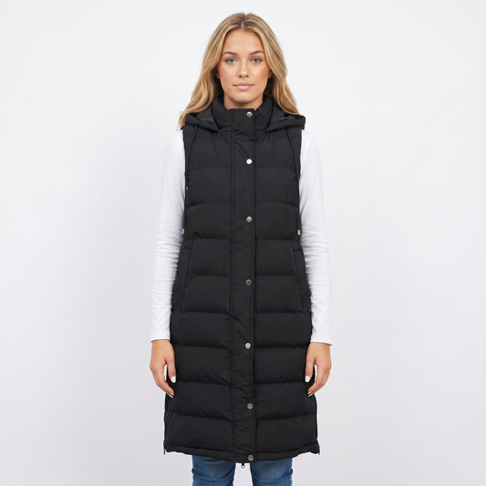 Womens Longline Puffer Vest – Hooded Quilted Snap Front