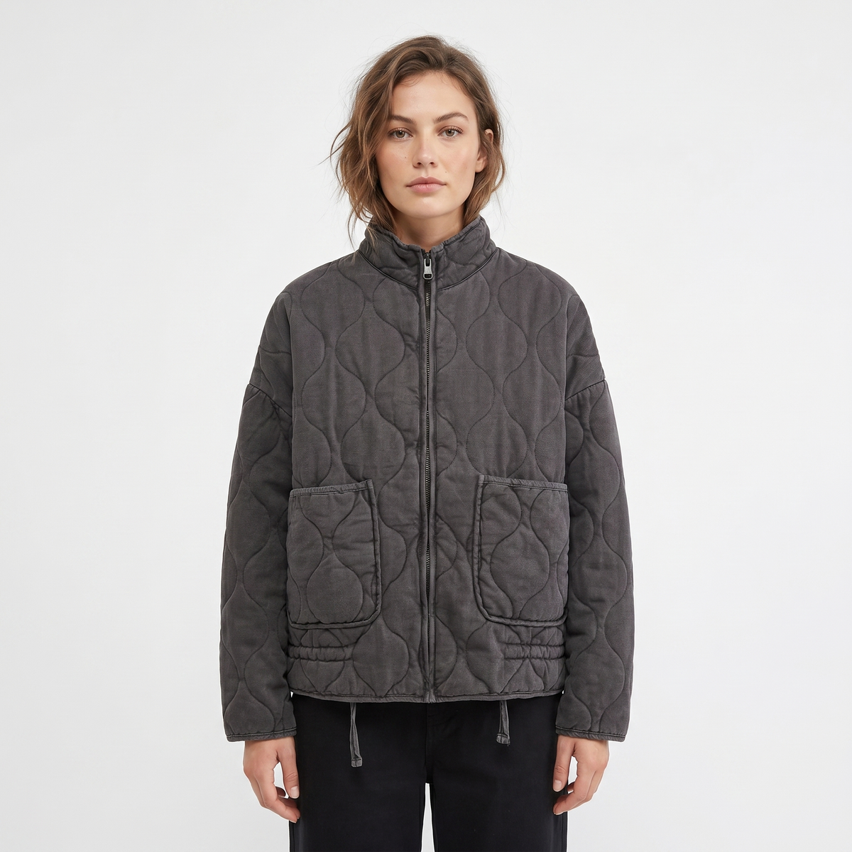 Women's Quilted Zip-Up Utility Jacket Hip-Length